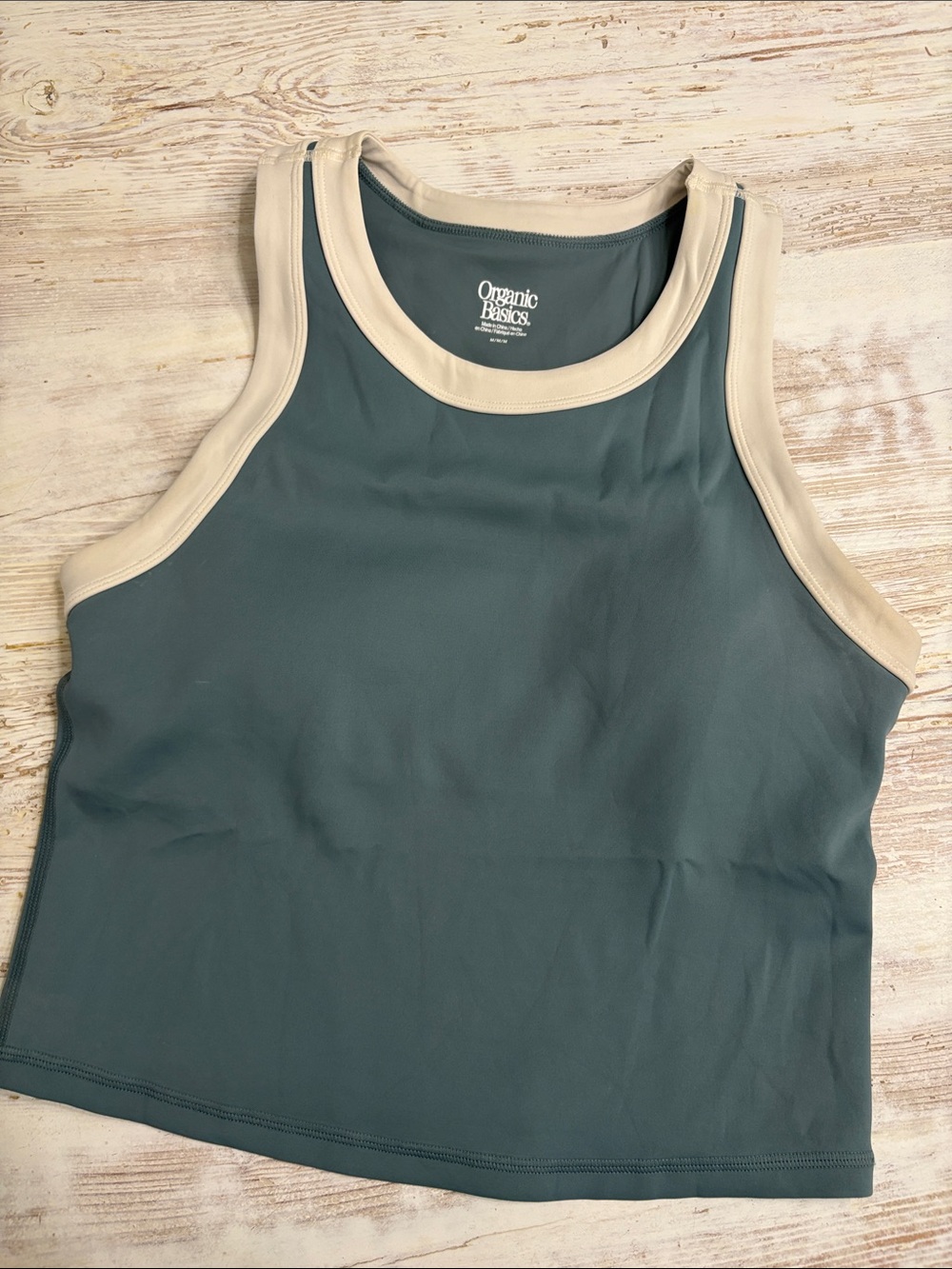 Organic Basics Teal Crop Tank with Cream Trim Accents